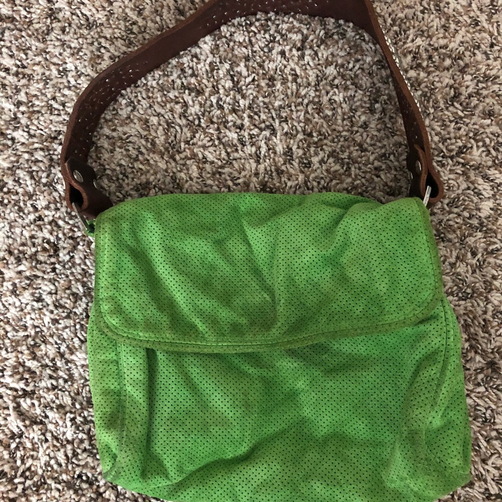 Tylie Malibu green suede bag with rhinestone strap